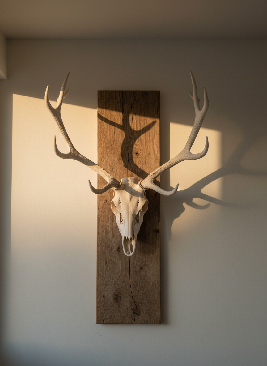 A European mount of a large elk skull, perfectly beetle-cleaned and free of any tissue, is secured to a vertical slab of reclaimed oak with visible grain and subtle weathering. The piece hangs on a smooth, matte off-white wall in a minimalist interior setting, with no additional decor to distract. Natural late-afternoon window light spills in from the left, creating a warm, directional glow that caresses the sweeping antlers and throws a delicate, branching shadow pattern across the wall. Captured straight-on at eye level with sharp focus throughout, the composition emphasizes symmetry and stature, conveying a sense of quiet grandeur. The photographic realism and restrained color palette underscore the harmony between wild nature and refined interior design.